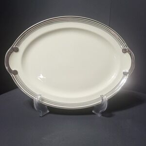 Vintage Taylor Smith Taylor USA Art Deco Platinum Trim Cream Oval Platter 15.5in